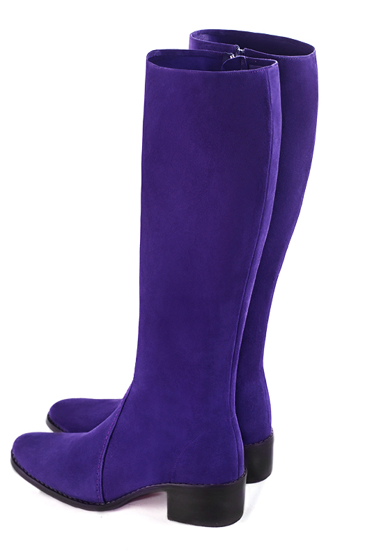 Violet purple women's riding knee-high boots. Round toe. Low leather soles. Made to measure. Rear view - Florence KOOIJMAN